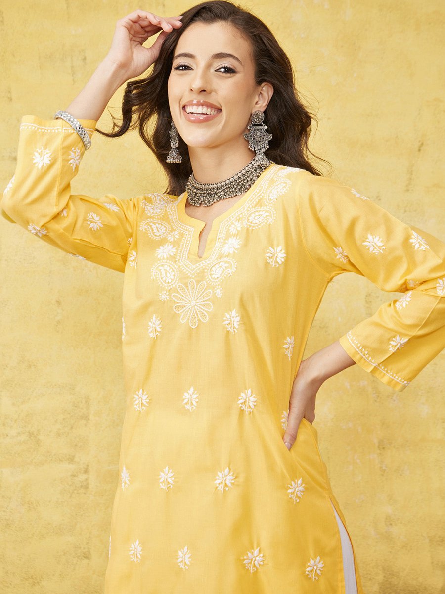 ADA Women Yellow & White Chikankari Embroidered Straight Sustainable Handloom Kurta | Grocsy