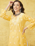 ADA Women Yellow & White Chikankari Embroidered Straight Sustainable Handloom Kurta | Grocsy