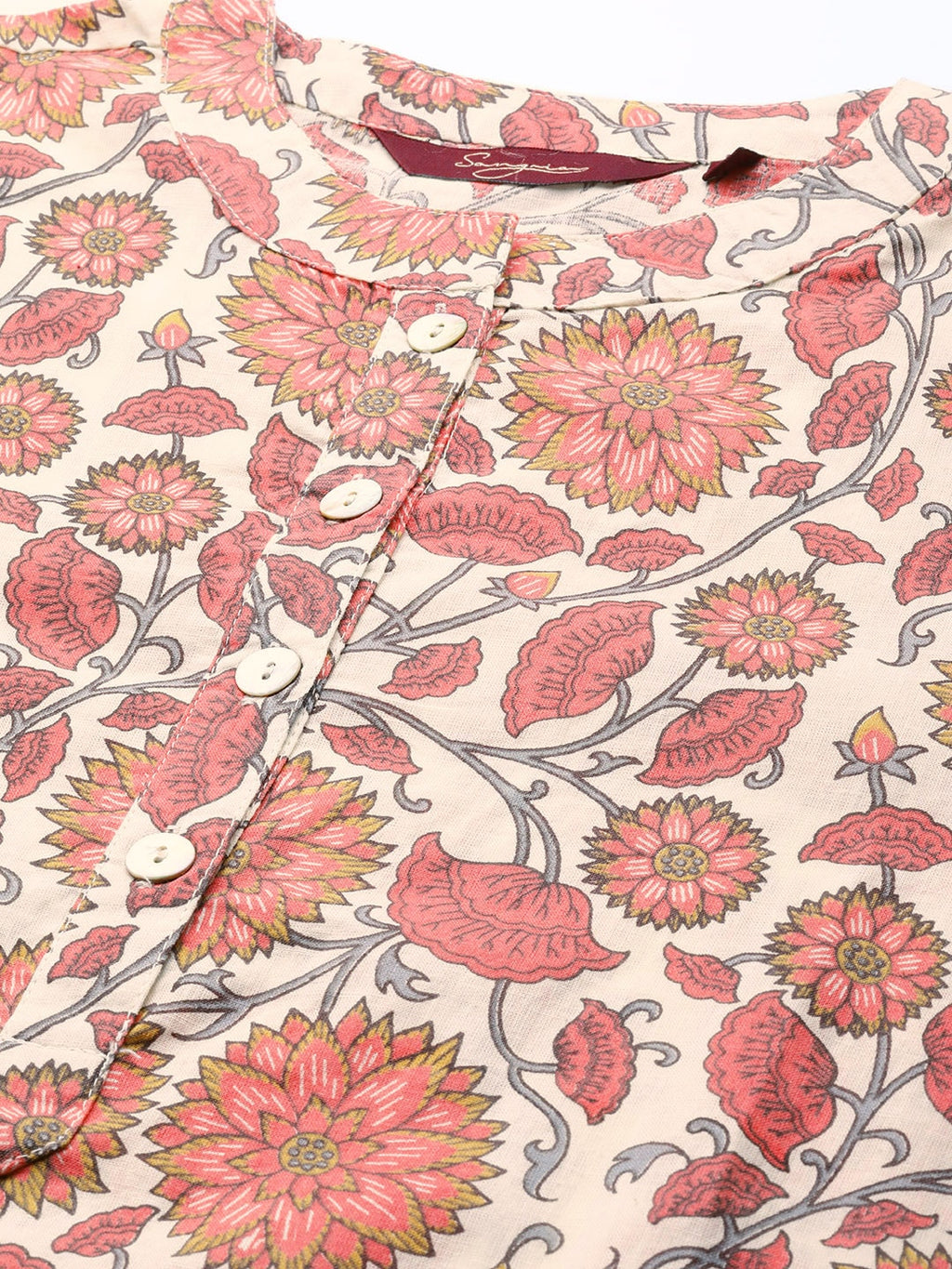 Sangria Women Off White & Peach-Coloured Floral Print Straight Cotton Kurta with Trousers | Grocsy