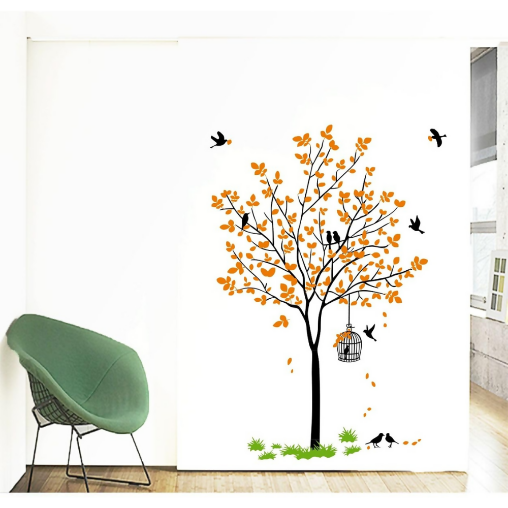 Decal O Decal Vinyl Orange Tree with Birds Cage and Nest Self Adhesive Wall Sticker | Grocsy