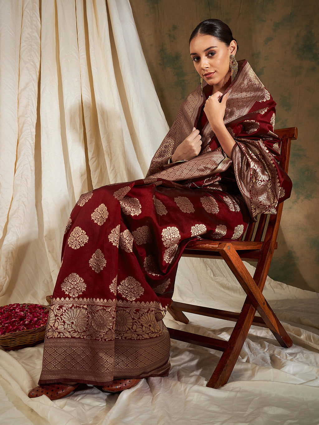 Sangria Maroon Ethnic Motifs Woven Design Zari Banarasi Saree | Grocsy