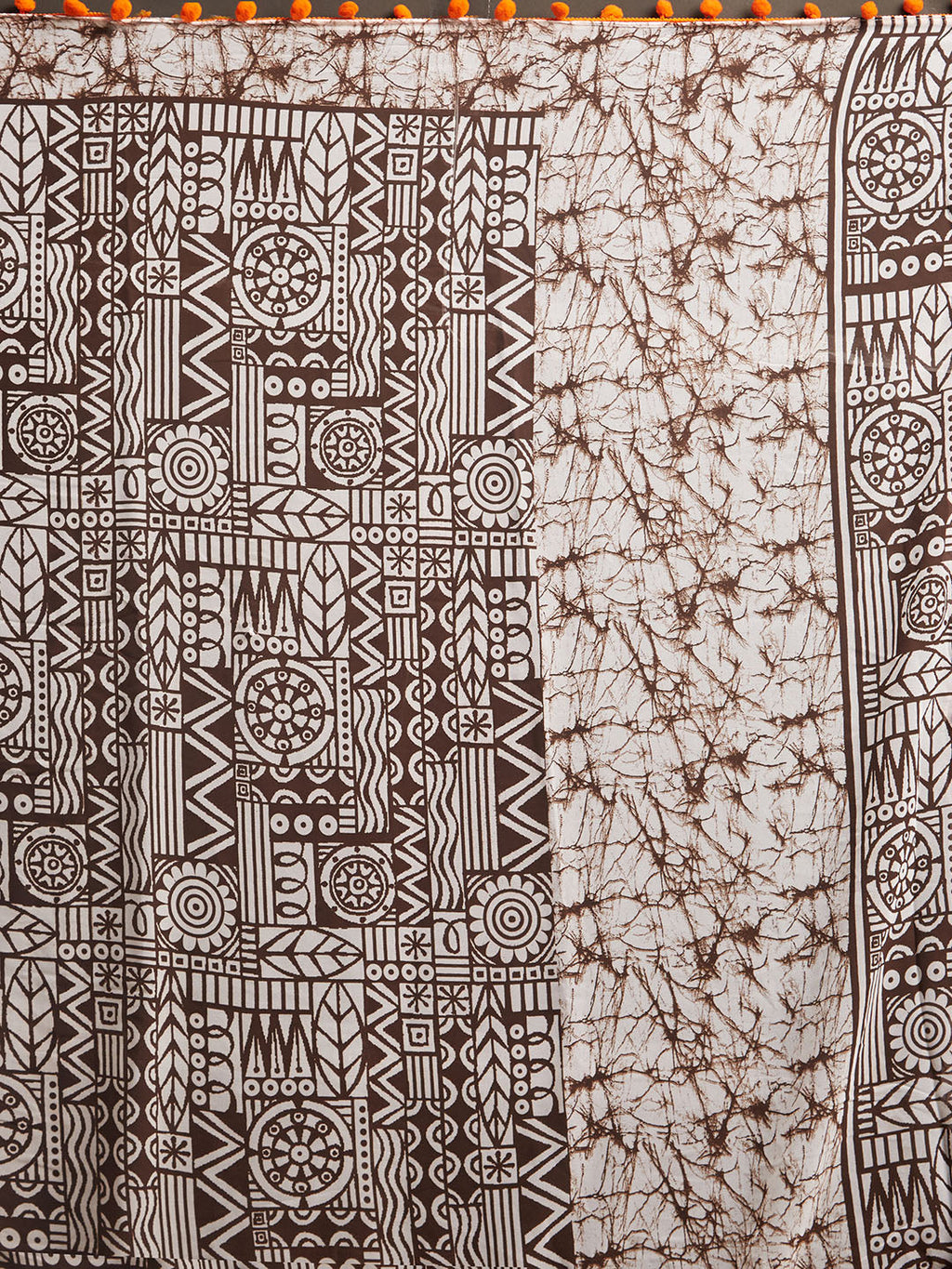Tikhi Imli Brown & White Poly Georgette Printed Saree | Grocsy