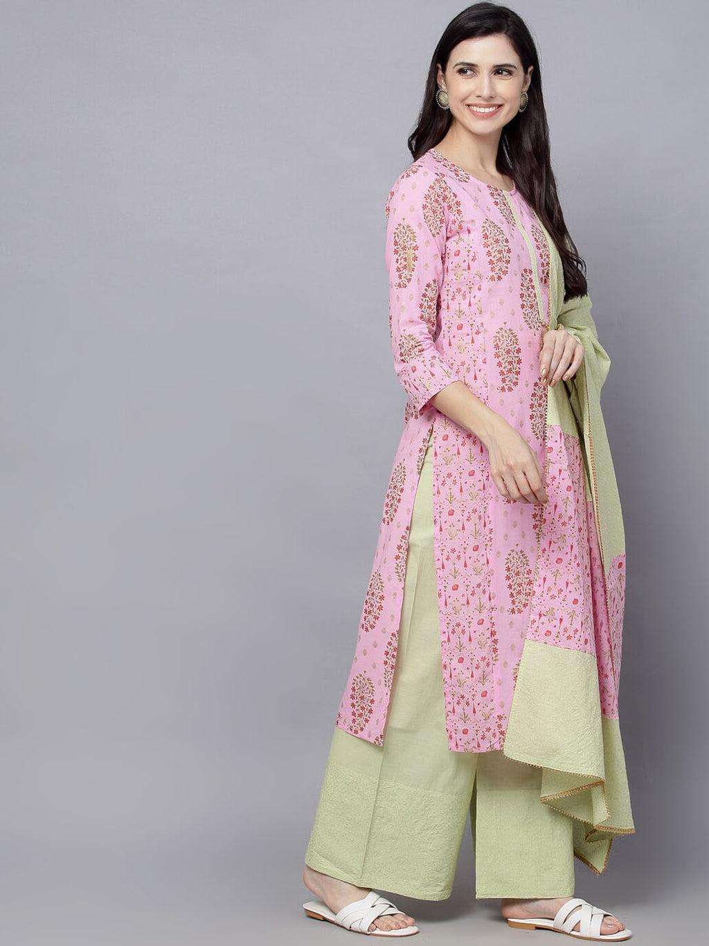 HERE&NOW Women Pink Ethnic Motifs Printed Pure Cotton Kurta Set | Grocsy
