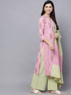 HERE&NOW Women Pink Ethnic Motifs Printed Pure Cotton Kurta Set | Grocsy