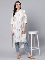 Ahalyaa Women's Off White Pure Cotton Floral Printed Kurta | Grocsy