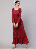 Aks Woven Design Round Neck Zari Cotton A-Line Kurta | Grocsy