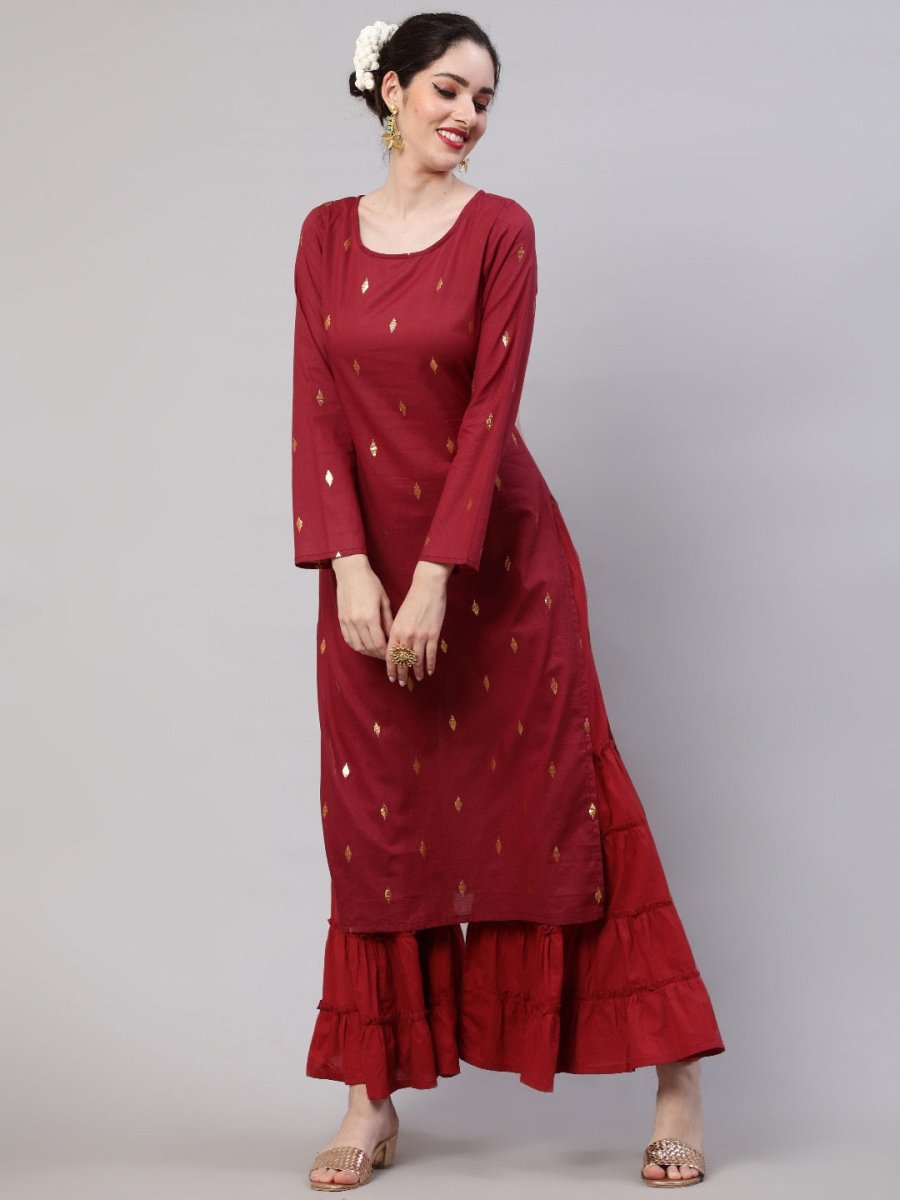 Aks Woven Design Round Neck Zari Cotton A-Line Kurta | Grocsy