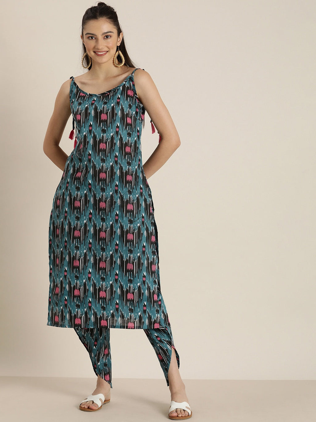 Sangria Women Blue & Pink Printed Pure Cotton Kurta with Dhoti Pants | Grocsy