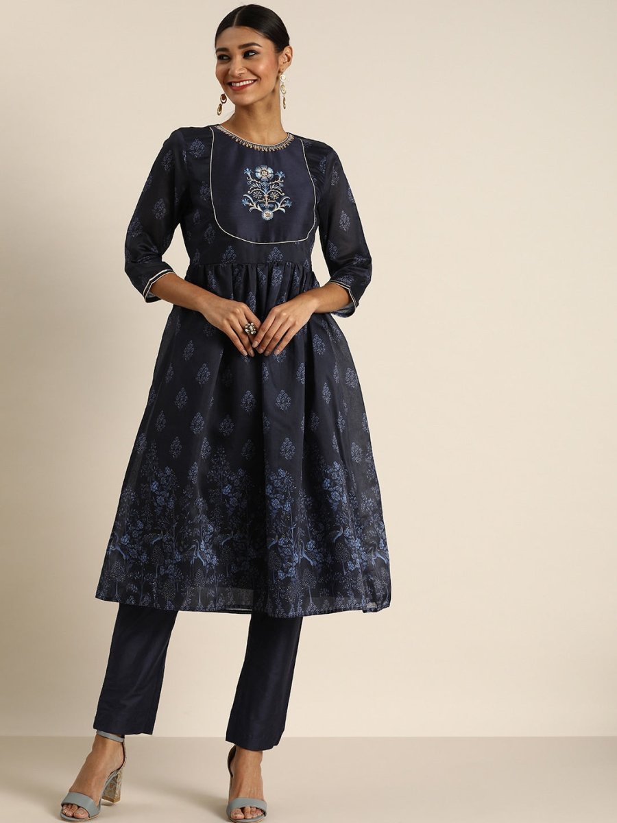 All About You Women Navy Blue Floral Printed Empire Kurta with Trousers | Grocsy