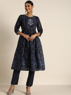 All About You Women Navy Blue Floral Printed Empire Kurta with Trousers | Grocsy