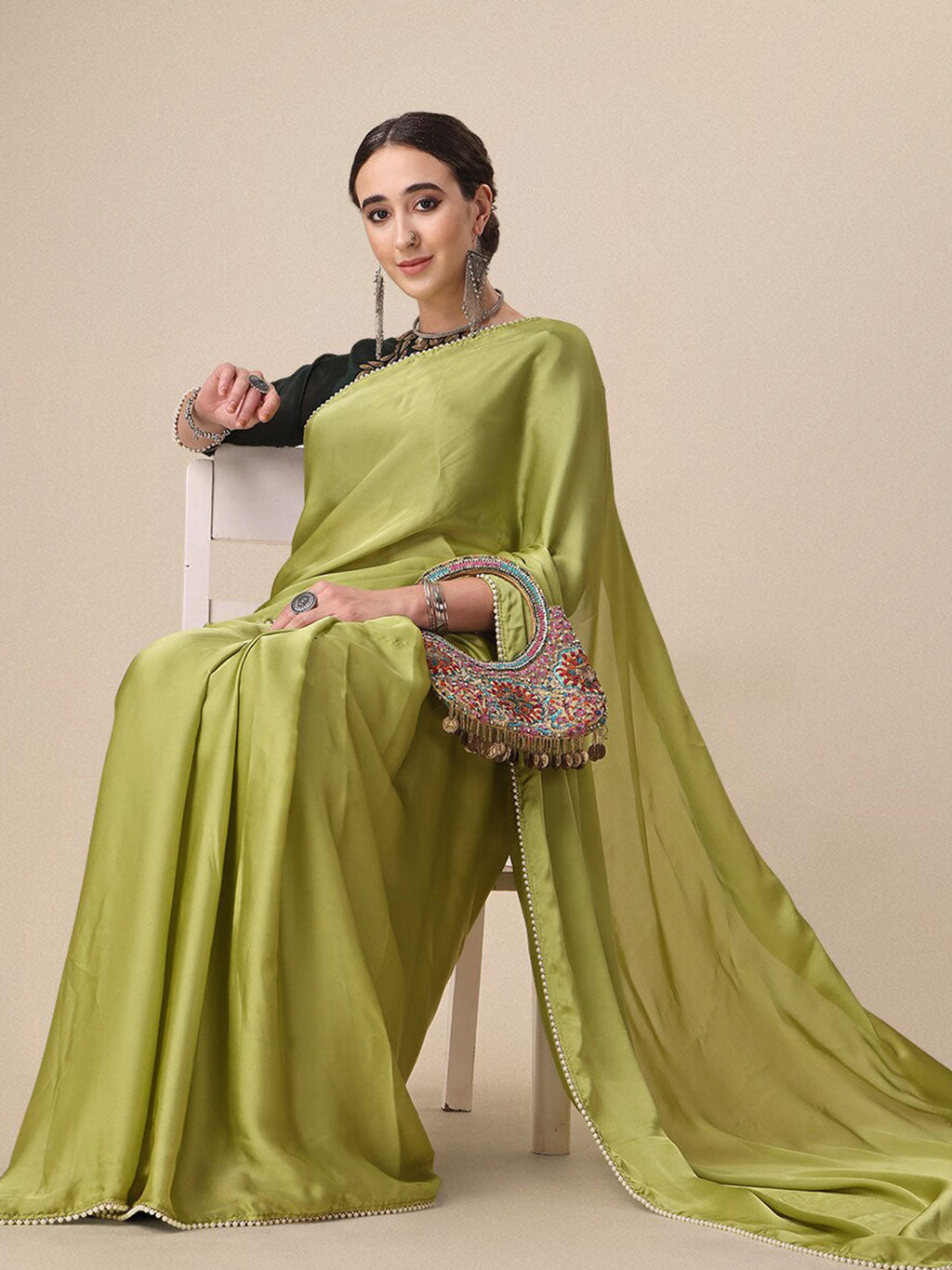 Sangria Olive Green Satin Saree With Beads Embelished Border | Grocsy