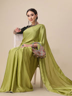 Sangria Olive Green Satin Saree With Beads Embelished Border | Grocsy
