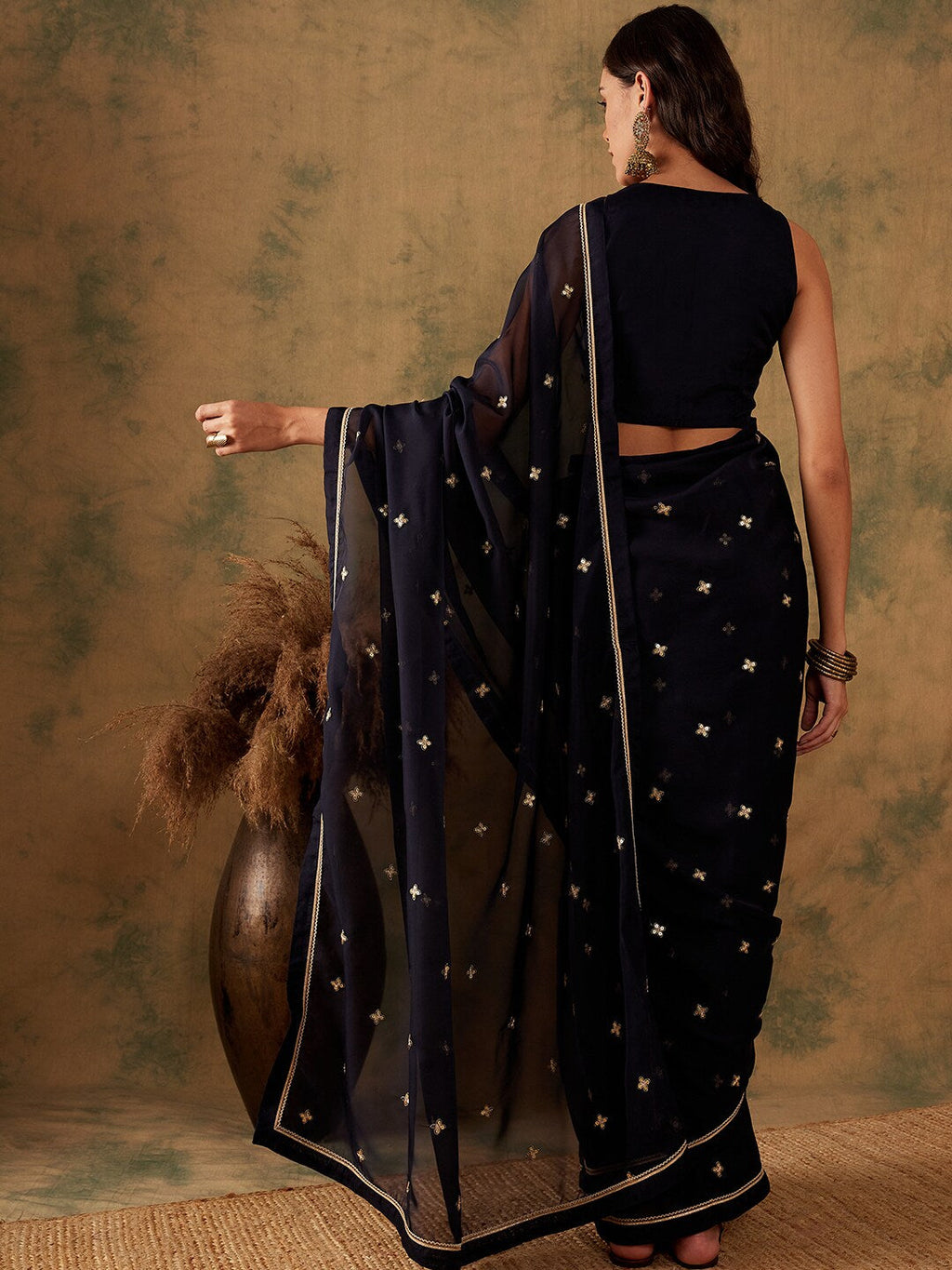 Sangria Floral Sequin Embroidered Organza Sarees | Grocsy