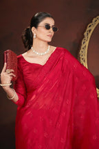 Vastranavya Red Jimmy Choo Silk 3mm Sequence work with Cross Stitch Embroidery work & Cutwork Border Saree | Grocsy