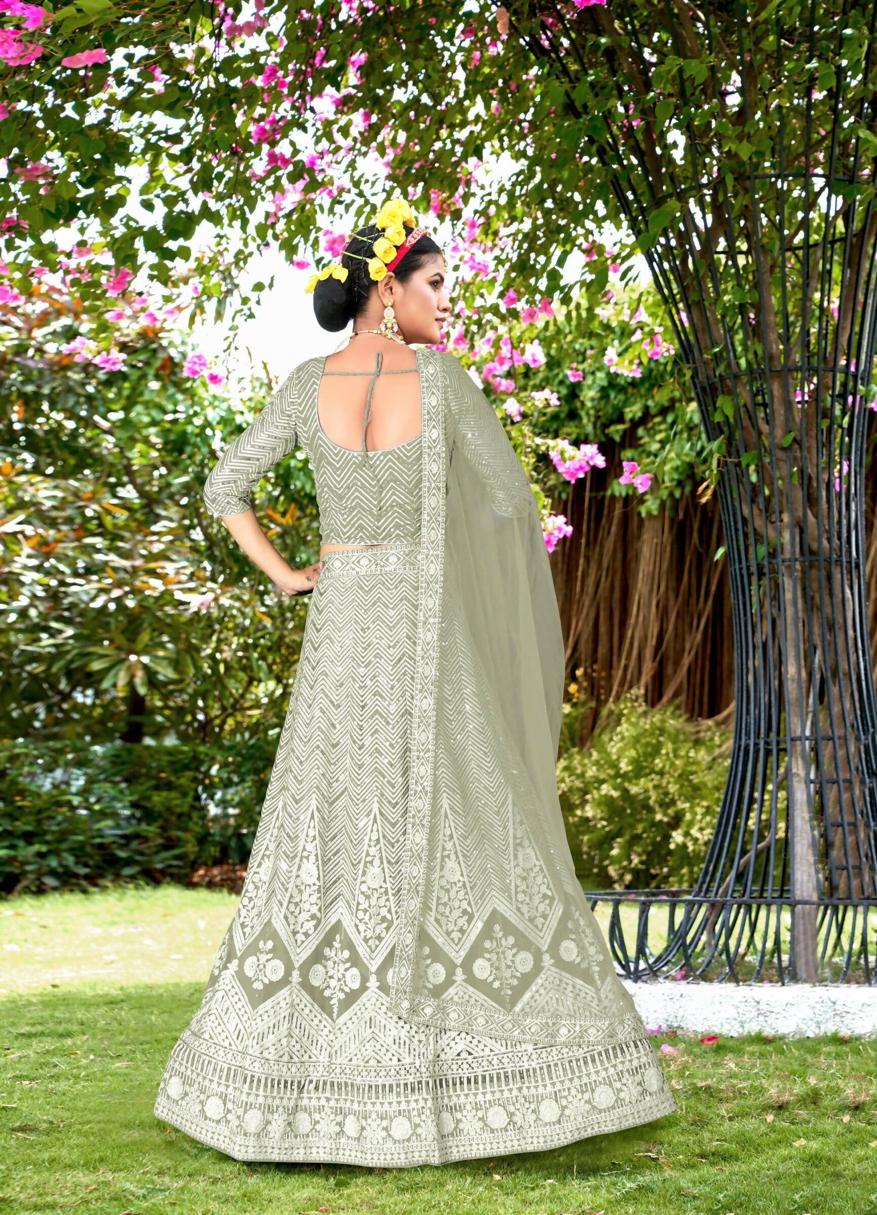 Light Green Net Embroidered Semi Stitched Lehenga Choli with Dupatta - Bhagya | Grocsy