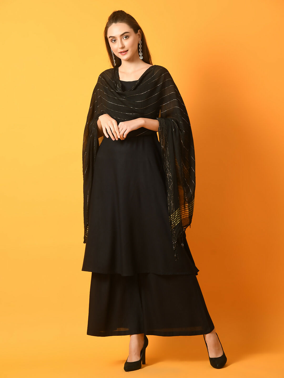 Myshka Women's Black Solid Anarkali Party Kurta Set With Dupatta | Grocsy