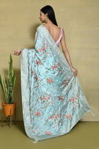 Blue Satin Silk Embroidered With Woven Design Border Festive Saree - Nimaya Denzy | Grocsy
