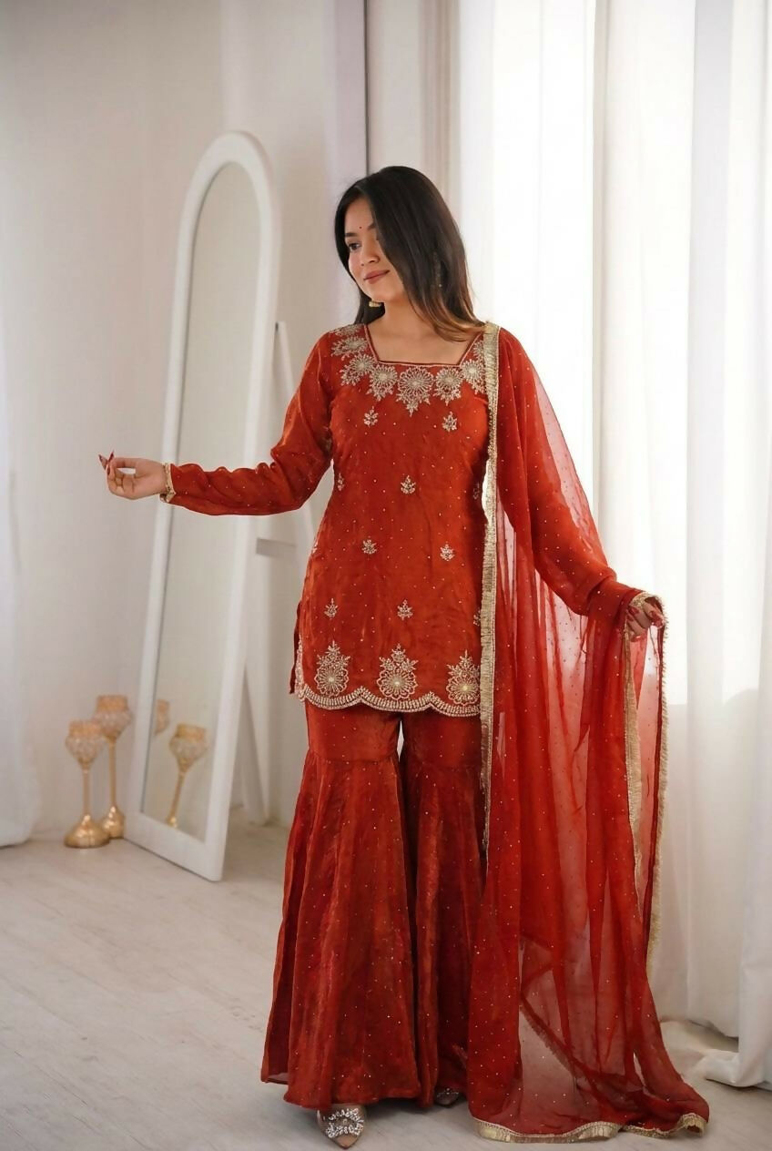 Teeya Creation Womens New Fancy Embroidery Sequence Work With Zarkan Diamond Work Orange Kurta Set | Grocsy