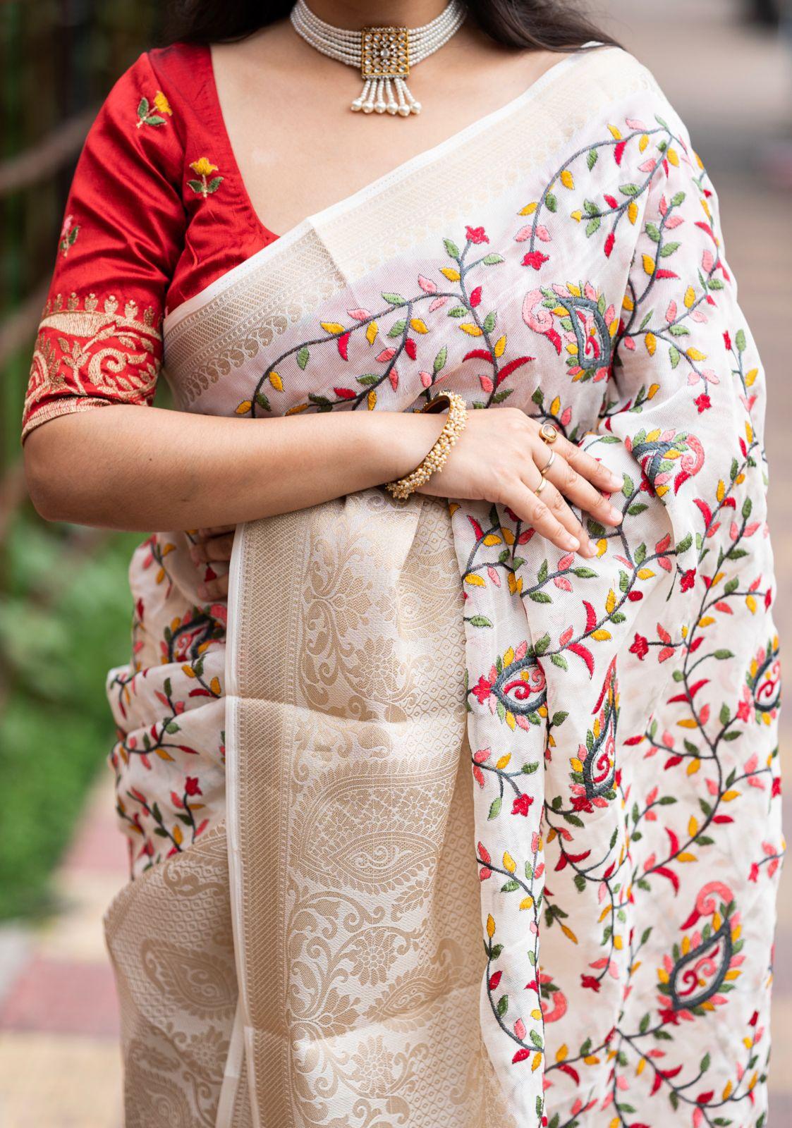 White Jute Silk Ethnic Motifs Saree with Unstitched Blouse - A2M | Grocsy