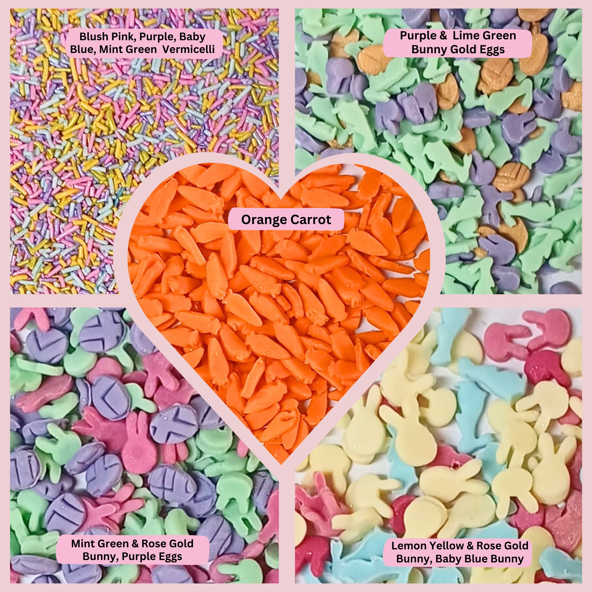 Confect Easter Sprinkles Edible | Mix Pink, Yellow, Red, Silver and Green Vermicelli and Easter Bunny Pack of 5 (EAST 10) - 100Gms | Grocsy