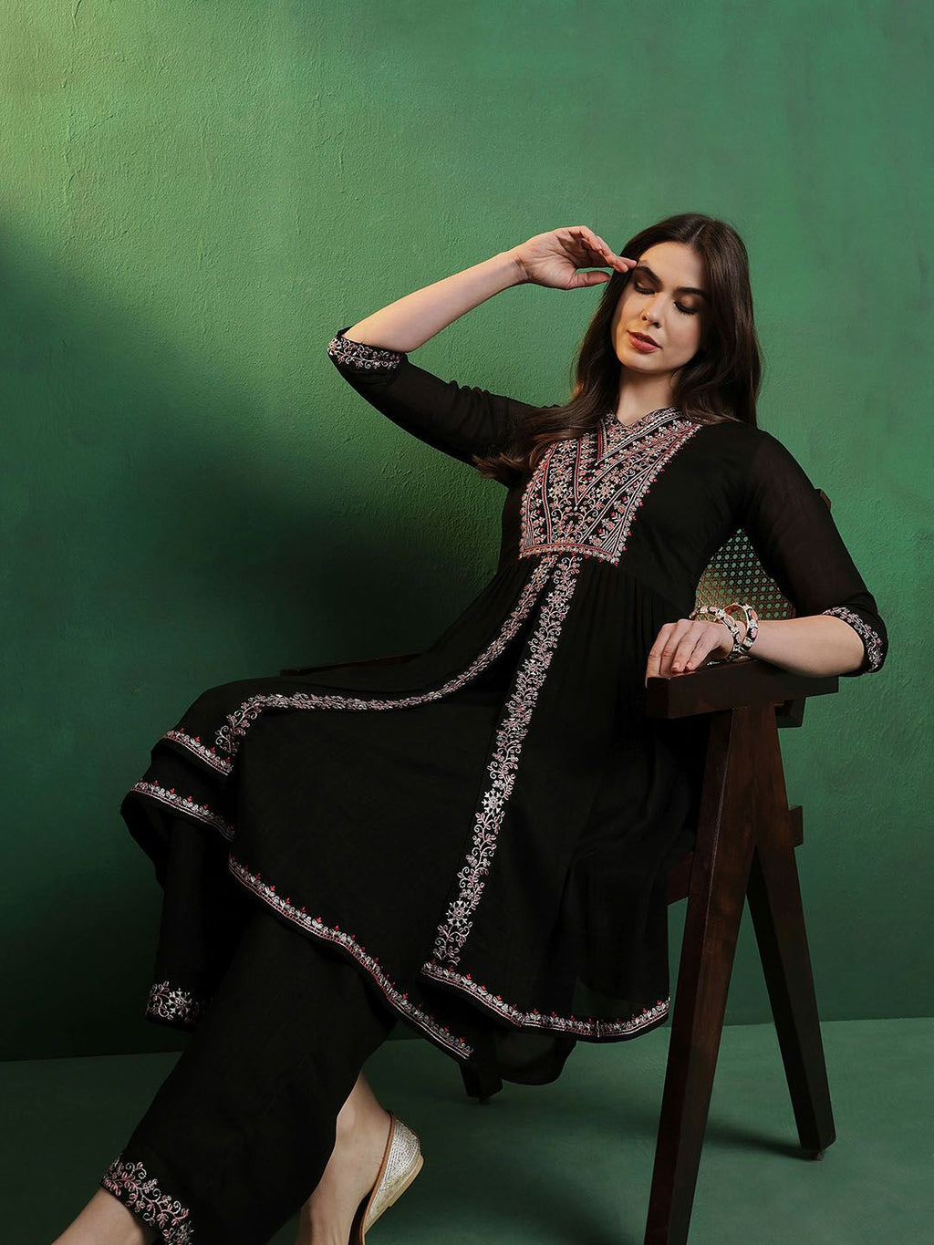 Sangria Embroidered A-Line Silk Kurta With Palazzo Set | Grocsy