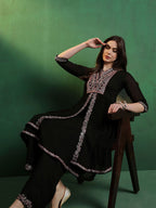 Sangria Embroidered A-Line Silk Kurta With Palazzo Set | Grocsy