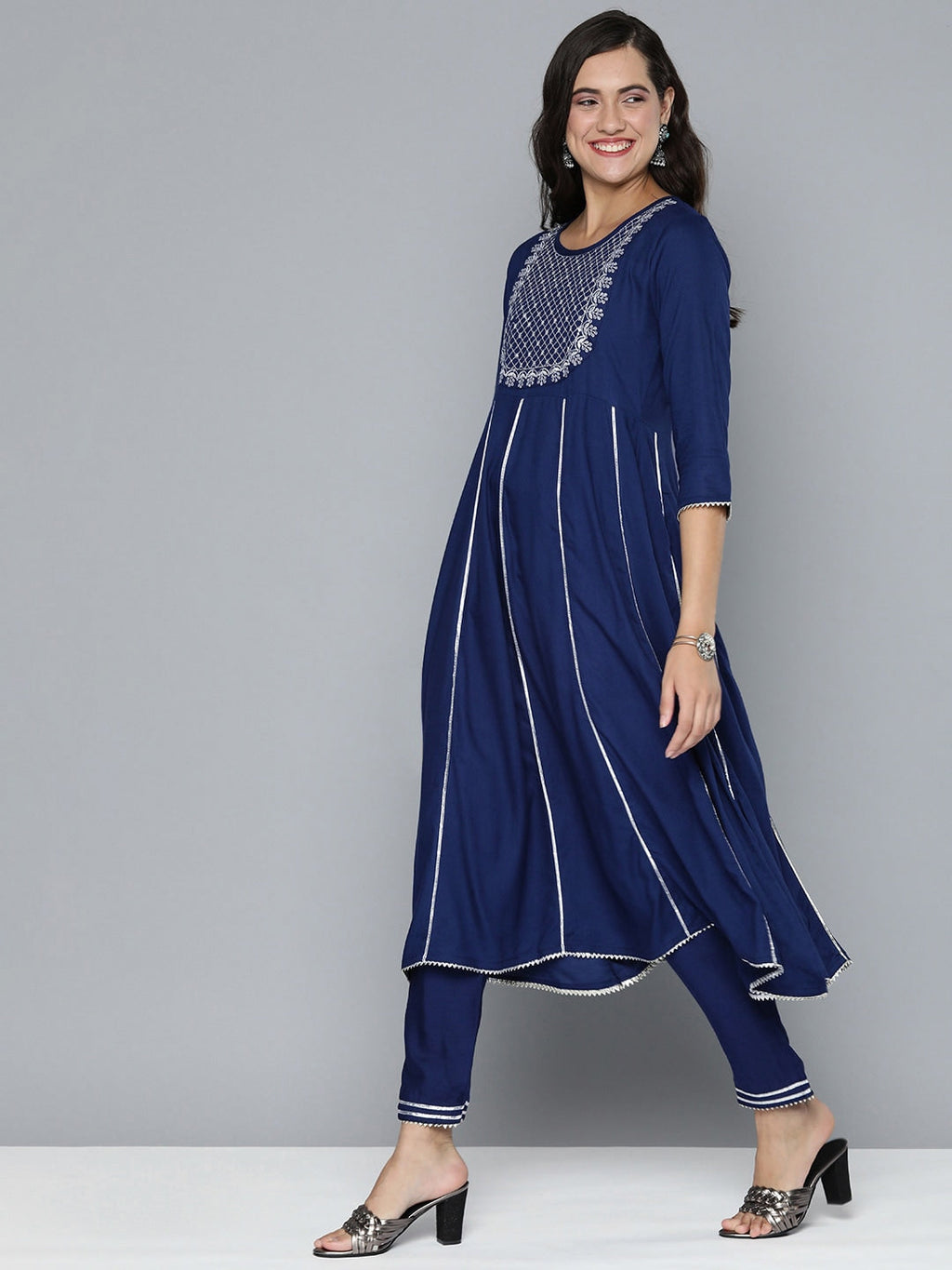 HERE&NOW Ethnic Motifs Embroidered Gotta Patti Kurta With Trousers & With Dupatta | Grocsy