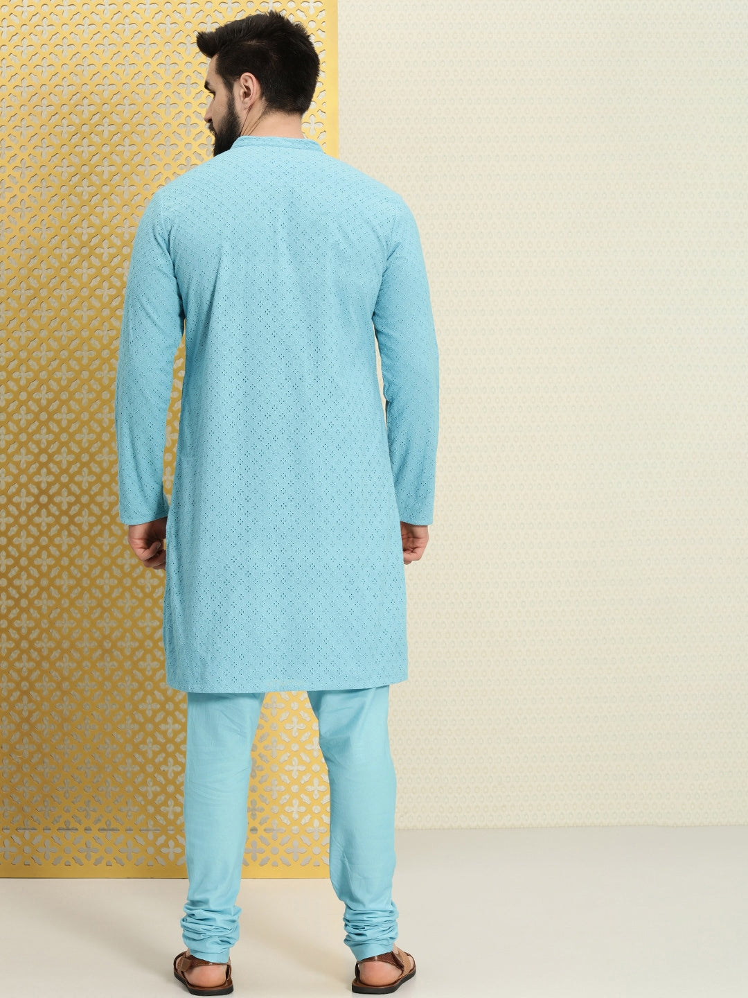 House of Pataudi Men Pure Cotton Schiffli Thread Work Jashn Kurta with Pyjamas | Grocsy
