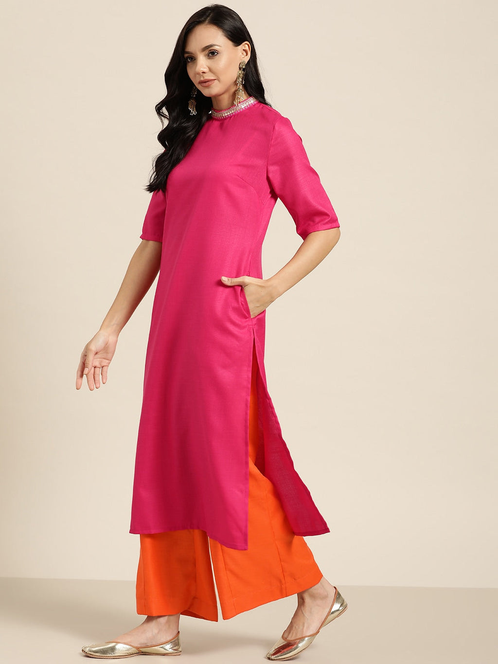 Sangria Women Pink & Orange Solid Thread Work Kurta with Palazzos | Grocsy