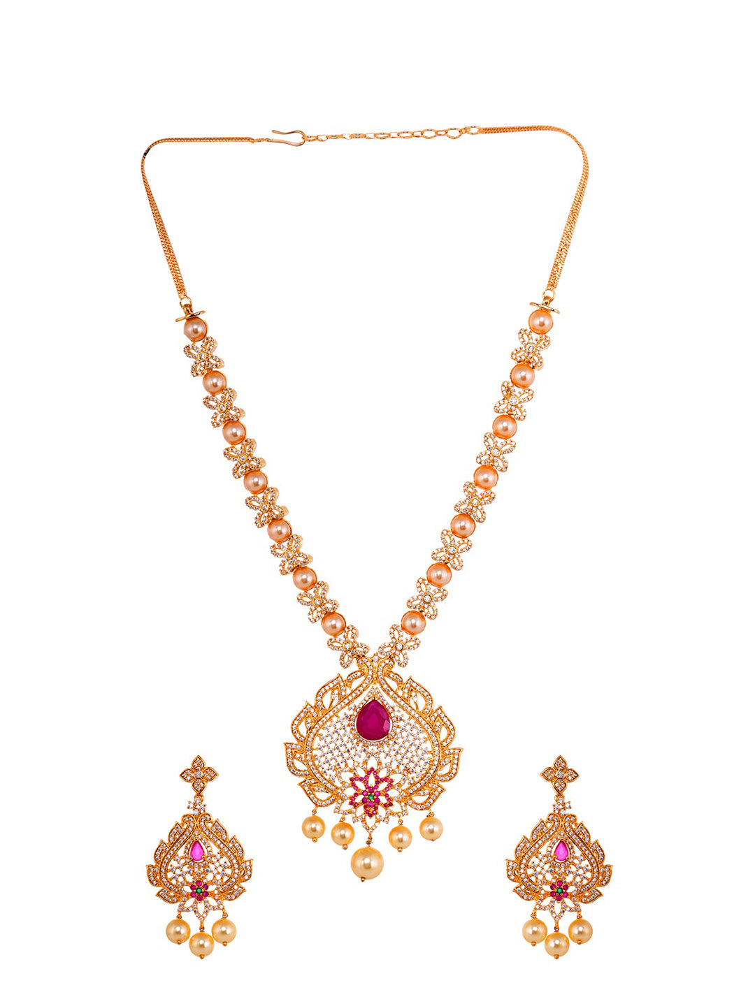 Saraf RS Jewellery Gold-Polished White & Pink American Diamond Studded & Beaded Handcrafted Jewellery Set | Grocsy