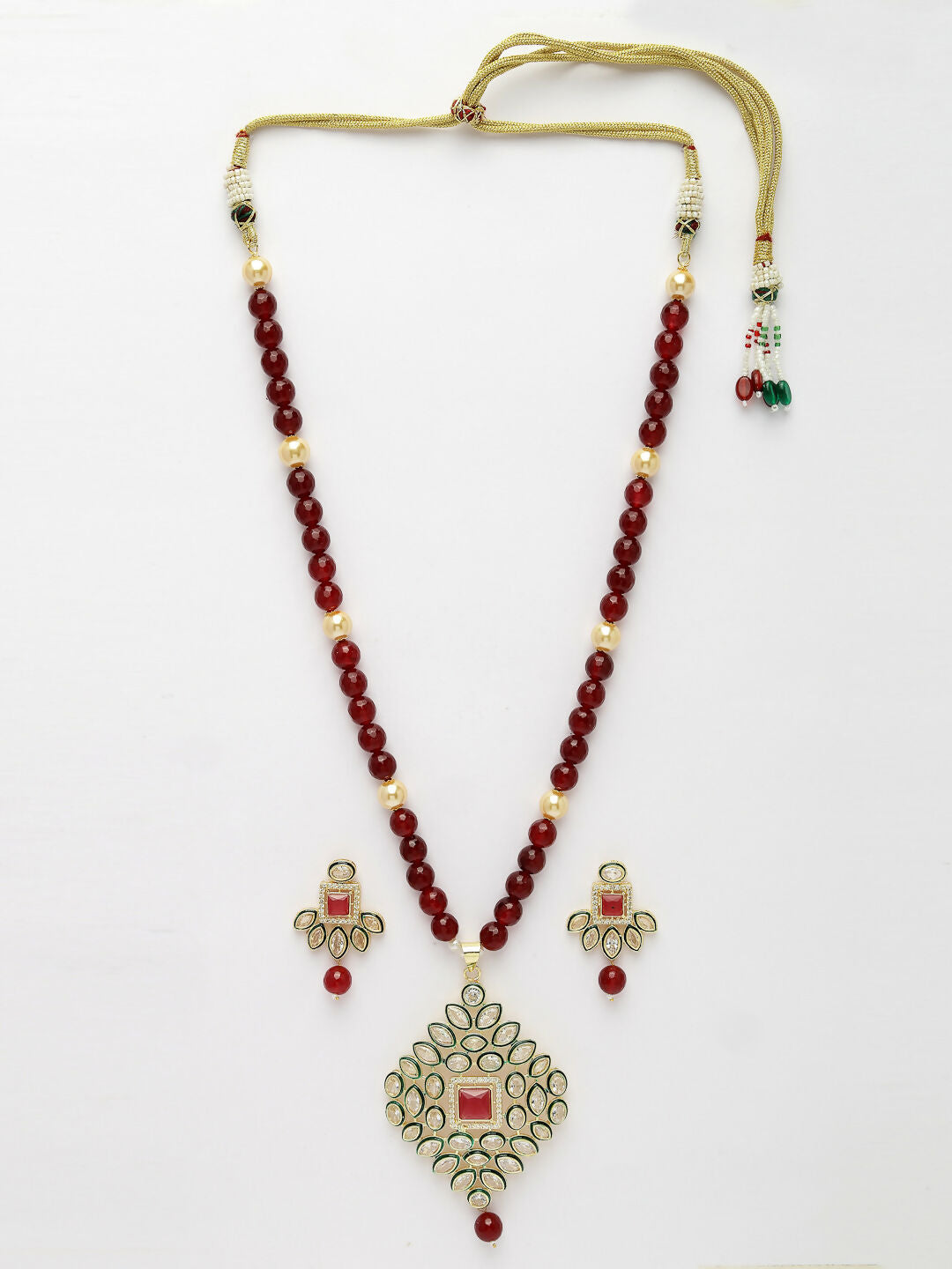 NVR Women's Red Kundan-Studded & Beaded Handcrafted Jewellery Set | Grocsy