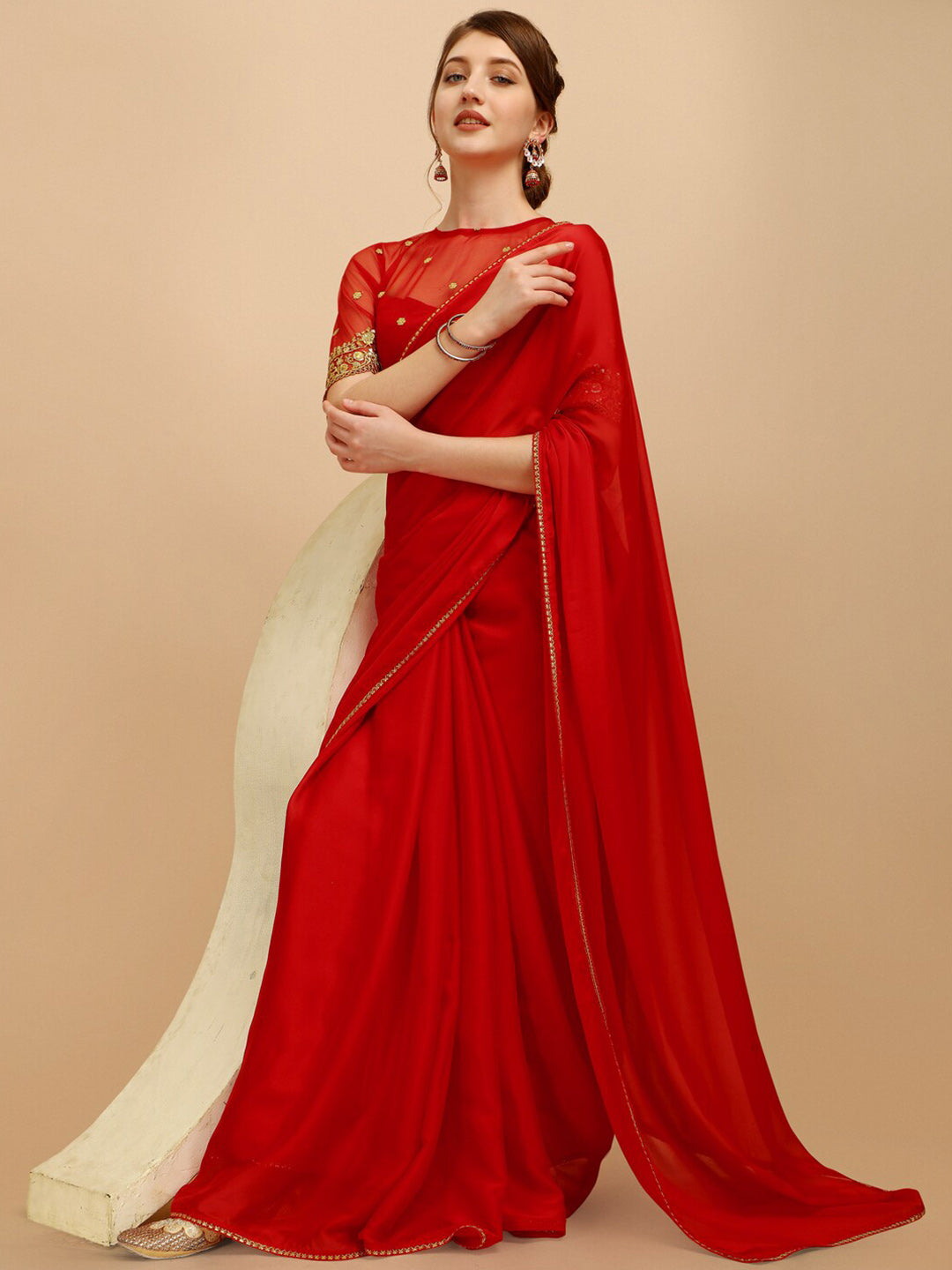 Sangria Red Silk Blend Embroidered Saree | Grocsy