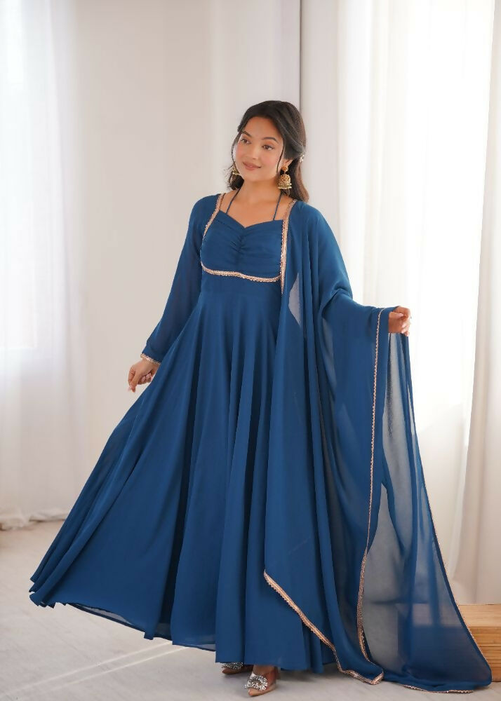The52 Women's Gorgeous Solid Fox Blooming Georgette Fabric Flared Anarkali and Dupatta Set | Grocsy