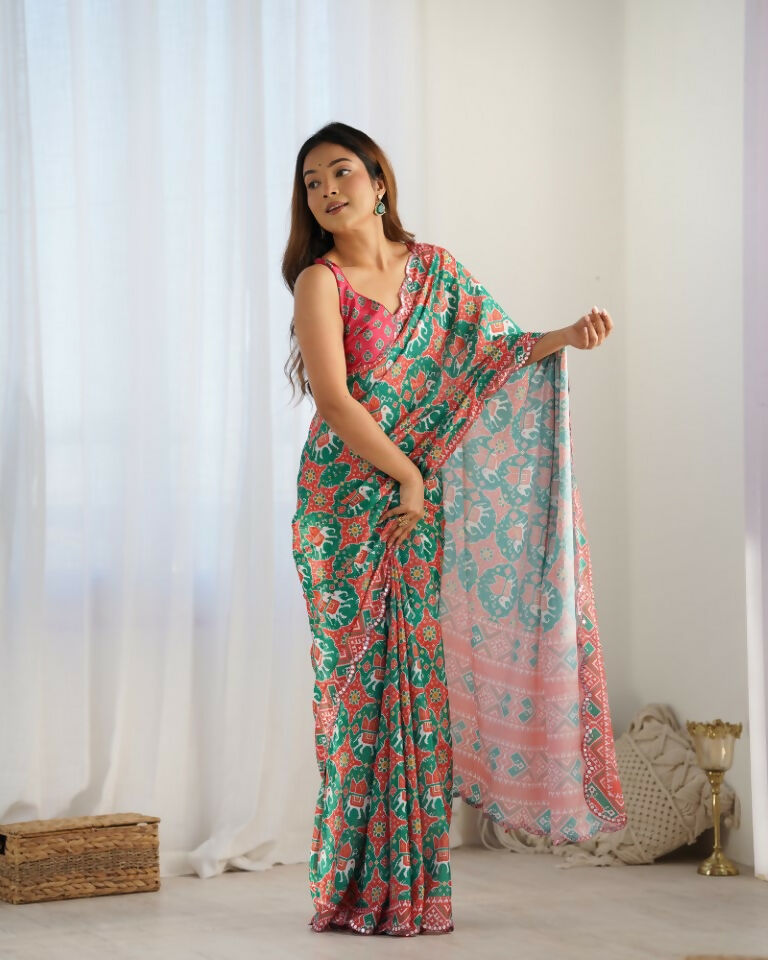 Green Chinon Designer Digital Printed & Mirror Cut Work Saree - Kriti | Grocsy