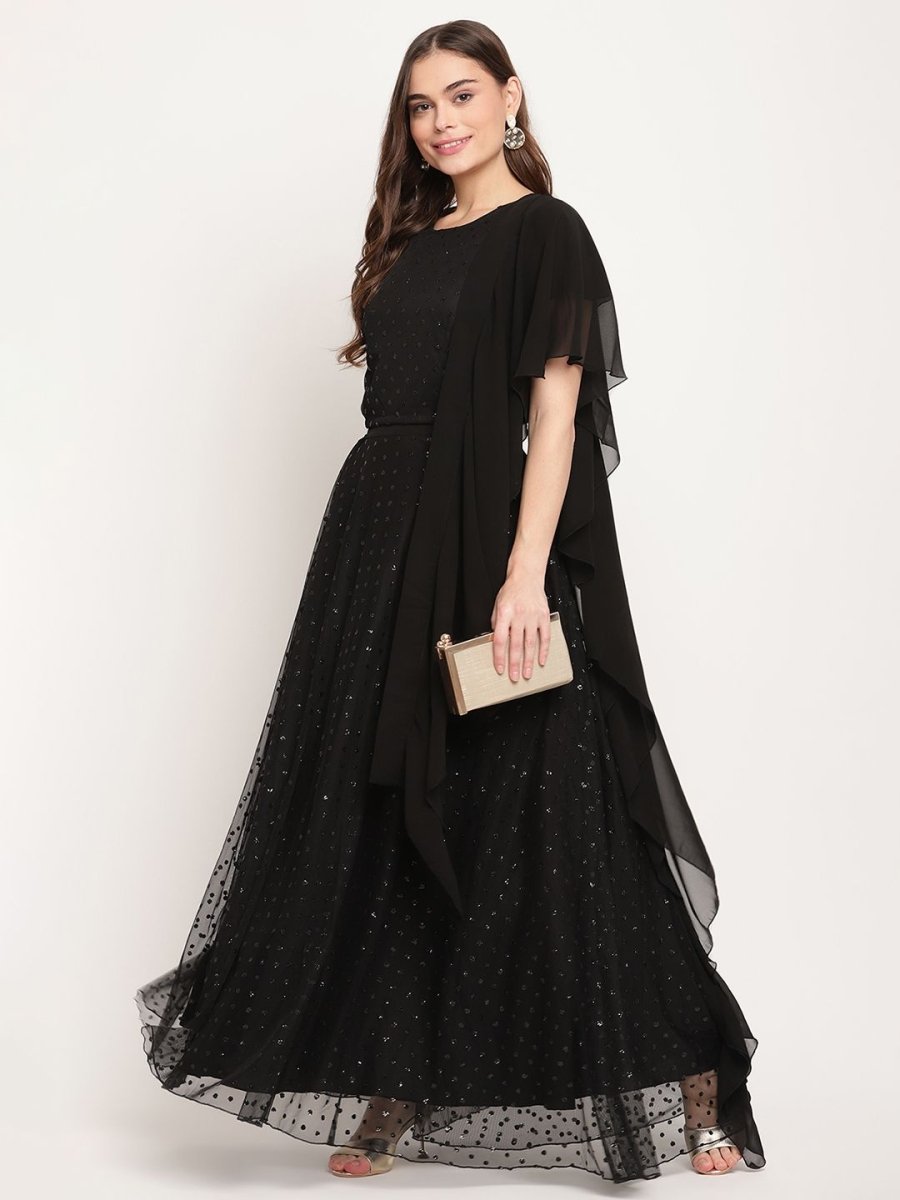 Ahalyaa Women's Black Net Glitter Print Top Skirt Set With Dupatta | Grocsy