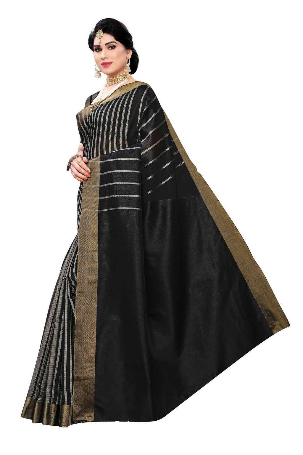 Vamika Black and White Lines Cotton Silk Weaving Saree (Paithani Black) | Grocsy