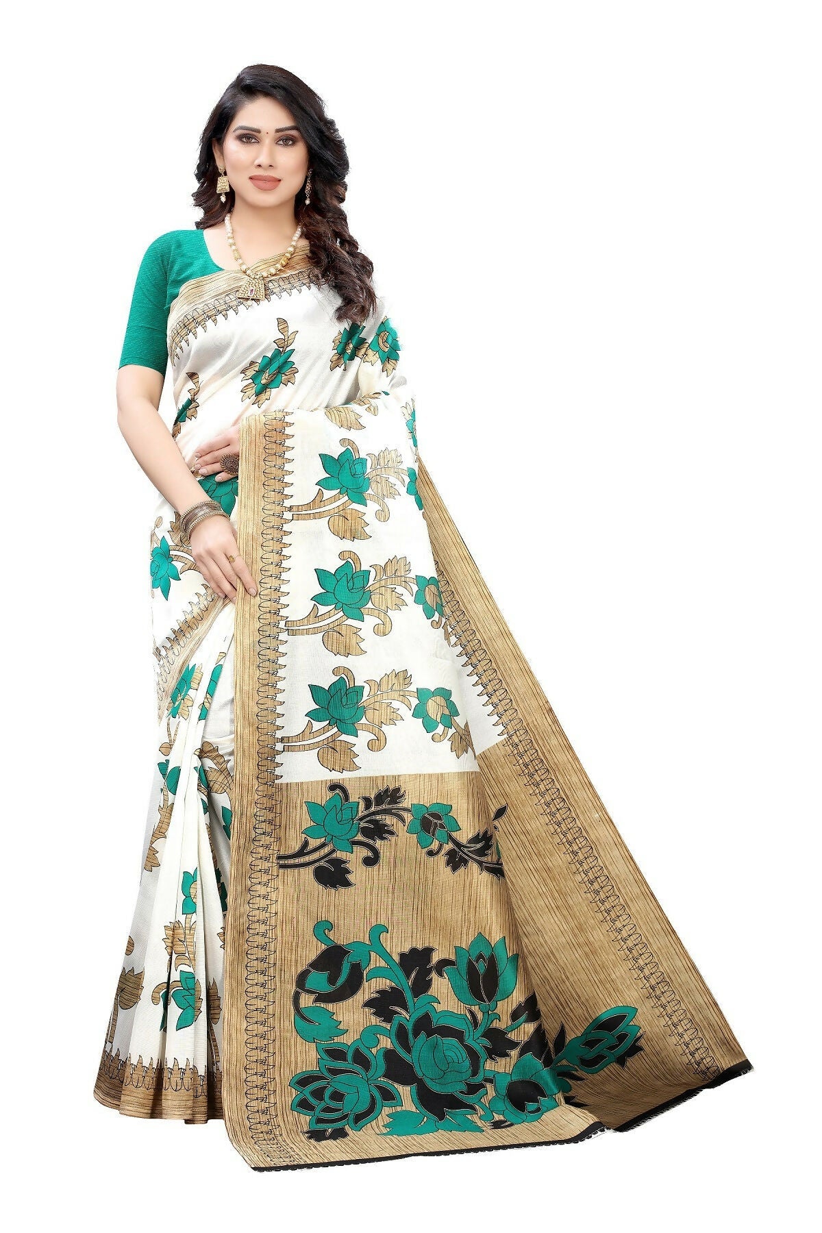 Vamika White Printed Art Silk Saree | Grocsy