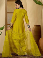 The52 Women's Beautiful Embroidery Work Vichitra Fabric A-line Kurta Pant and Dupatta Set | Grocsy