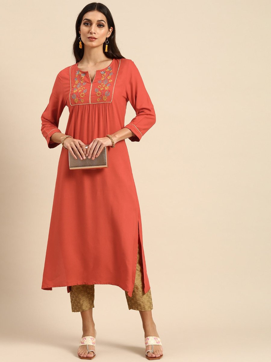 All About You Women Rust Orange Floral Yoke Design Embroidered Thread Work Straight Kurta | Grocsy