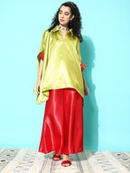 InWeave Women's Olive Red Brocade Satin Boho Kurta Red Palazzo Set | Grocsy