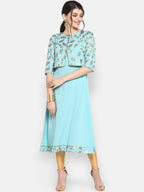 Janasya Women Turquoise Blue & Gold-Toned Printed A-Line Kurta | Grocsy