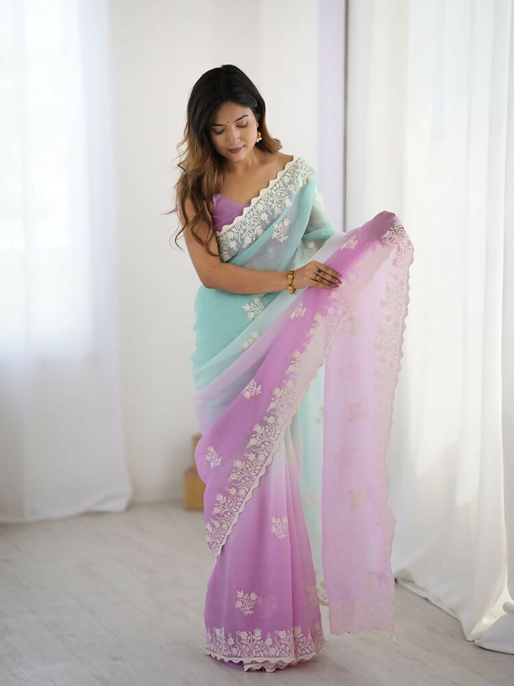 Purple Crunchy Silk Embroidery Work Party Wear Saree - Lakshita | Grocsy
