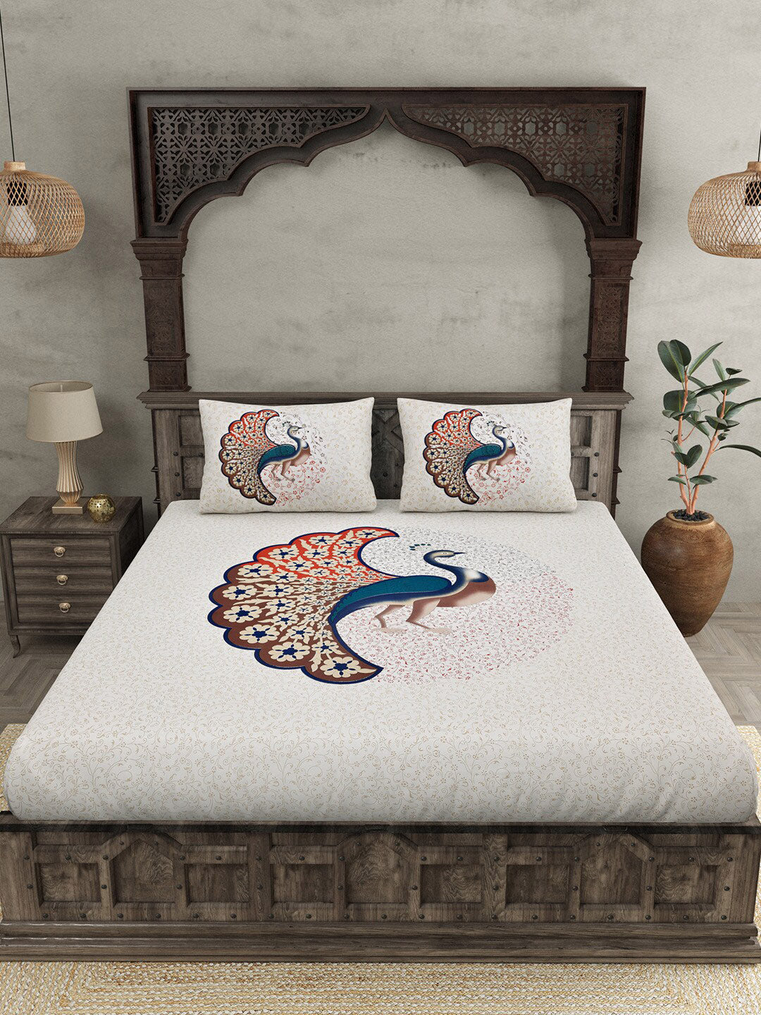 JAIPUR FABRIC Off White & Red Printed 240 TC Cotton King Bedsheet with 2 Pillow Covers | Grocsy