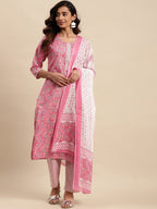 Sangria Floral Printed Gotta Patti Pure-Cotton A-Line Kurta With Trouser & Dupatta | Grocsy