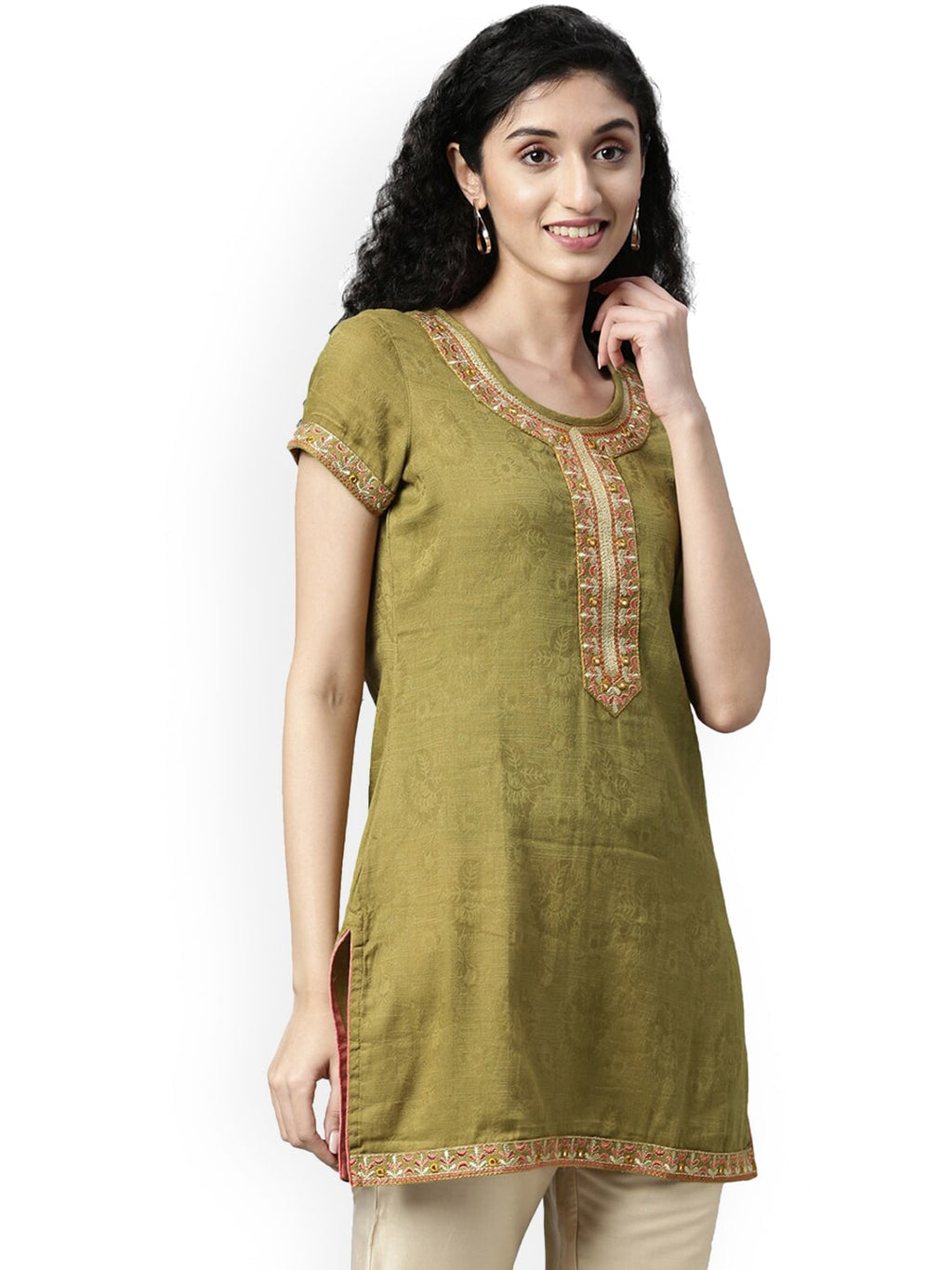 Souchii Olive Green Woven Design Kurta | Grocsy