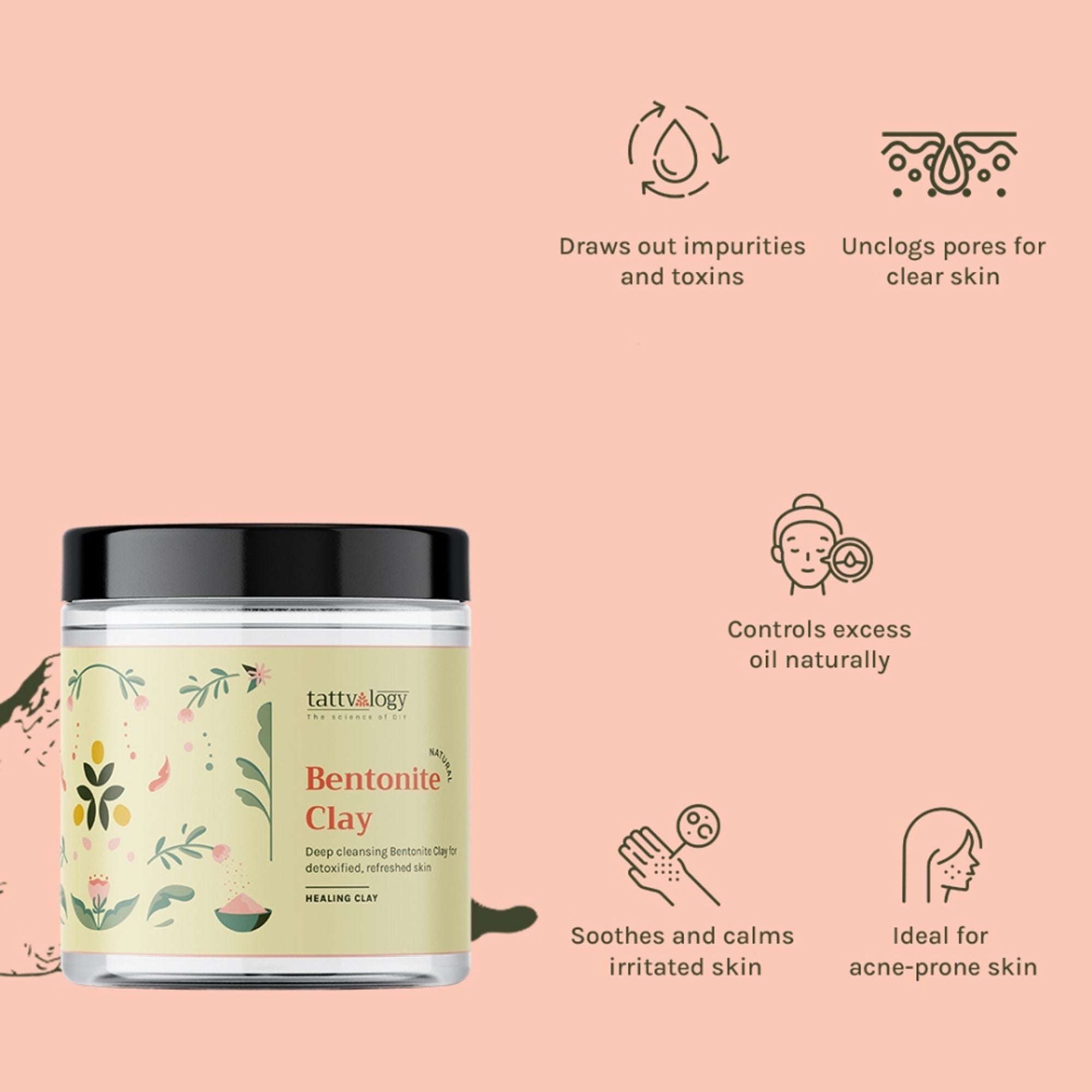 Tattvalogy Indian Bentonite Clay Powder - Detox Mask for Oily Skin, Acne and Deep Pore Cleansing | Grocsy