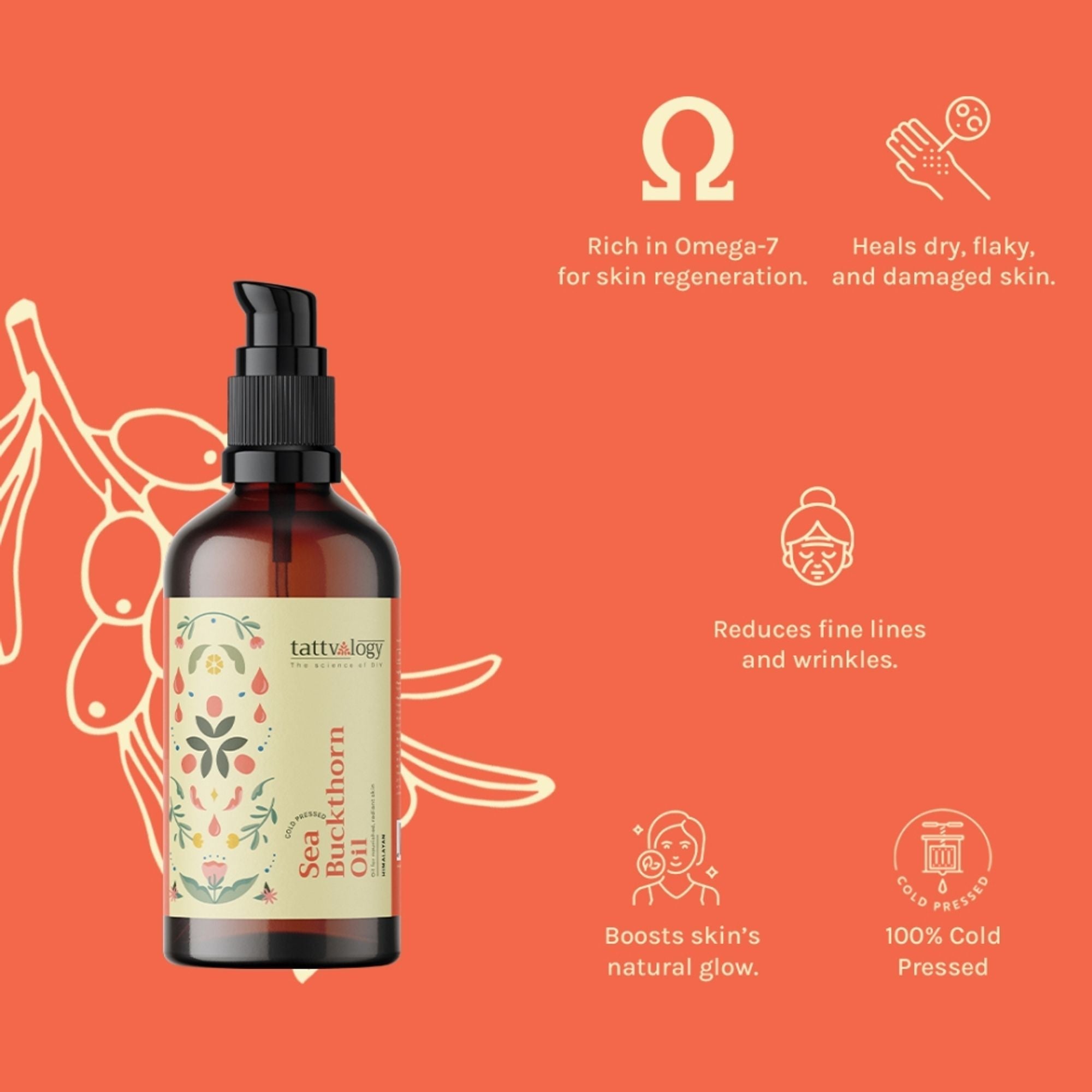 Tattvalogy Himalayan Seabuckthorn Oil - Cold Pressed, Rich in Vitamins E & C, Controls Skin Damage | Grocsy