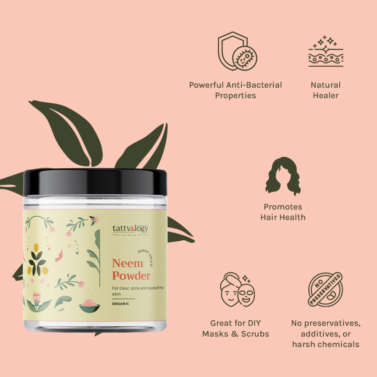 Tattvalogy Organic Neem Powder - Fights Acne & Dandruff, Purifying Face & Hair Mask for Healthy Skin | Grocsy