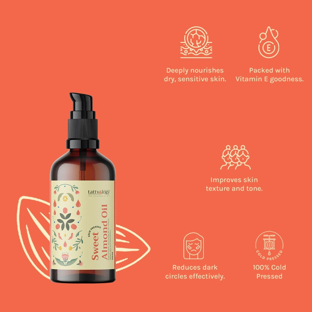 Tattvalogy Sweet Almond Oil - Nourishes Skin, Fades Dark Circles & Uneven Skin tone, Vitamin-E Rich | Grocsy