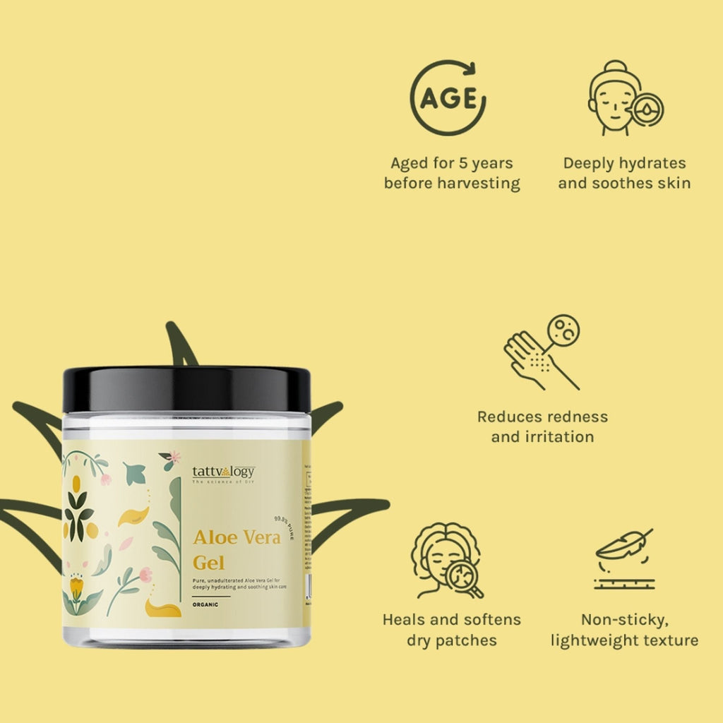 Tattvalogy Aloe Vera Gel - 5 Year Aged, No Glycerine, Preservatives, Color or Fragrance, Fights Acne | Grocsy